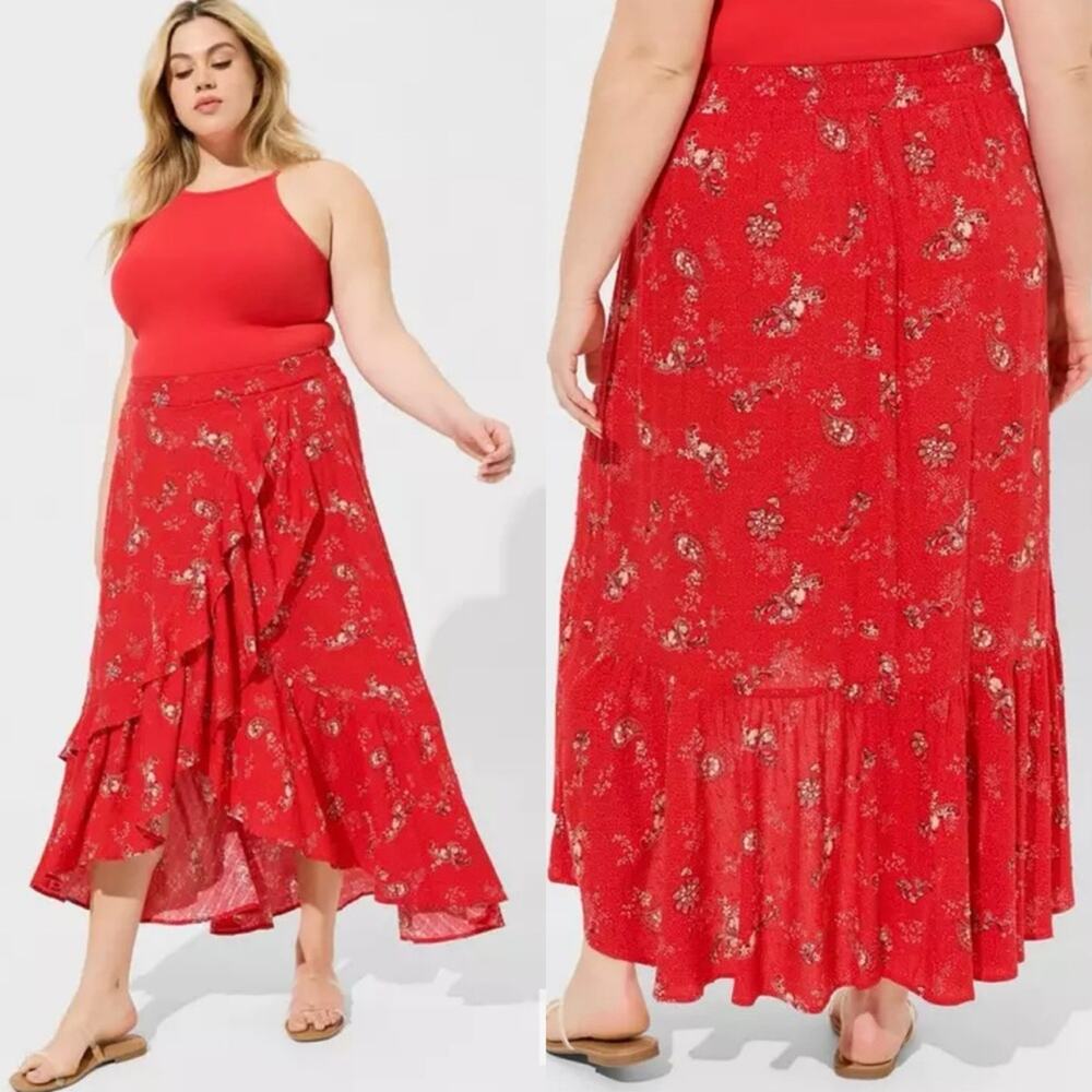 Torrid Maxi Swiss Dot Ruffle Hi-Low Skirt Joy‎ Paisley Adrenaline Rush Red Sz 1X